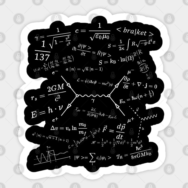 physics equation and diagrams, all fields of physics dark version Sticker by NoetherSym